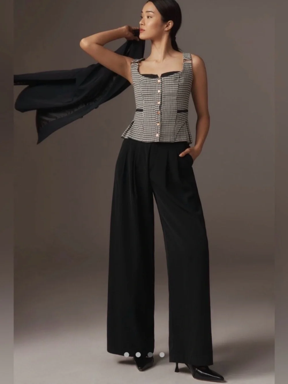 Anthropologie Black and White Houndstooth Button-Front Cropped Top - Picture 6 of 12
